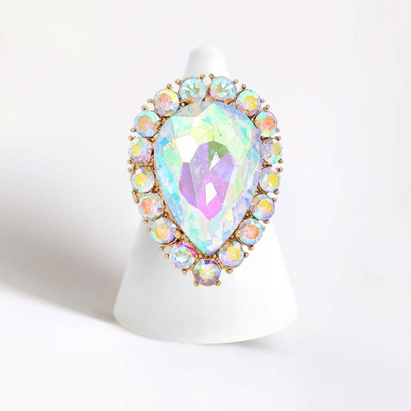 Gold Abalone Teardrop Stretch Rhinestone Crystal Cocktail Ring Finger Statement - Picture 1 of 2